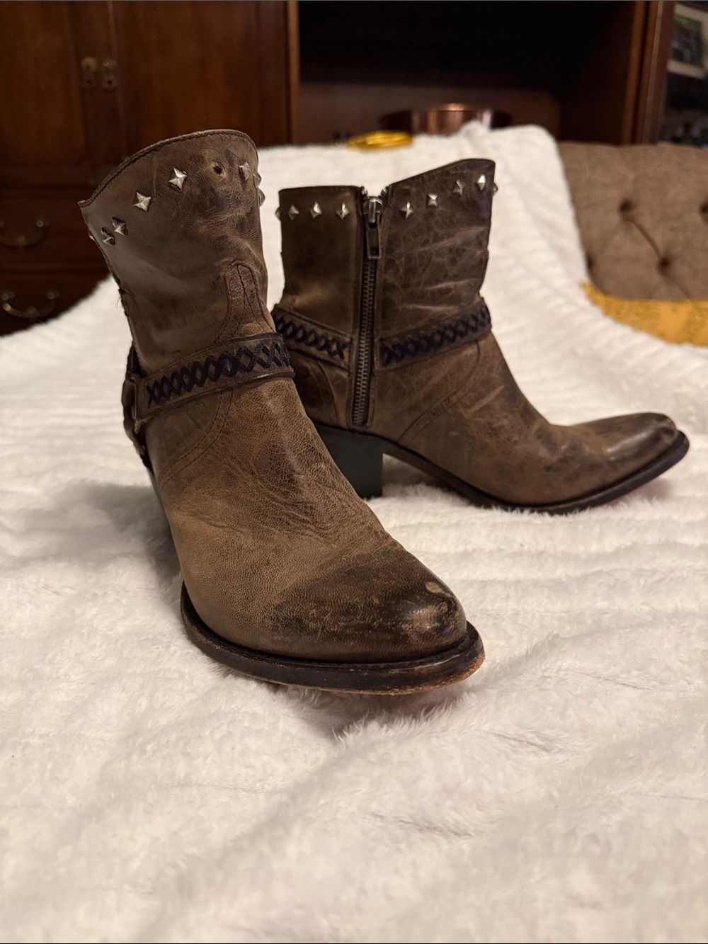Lucchese Brown Leather Studded Ankle Booties